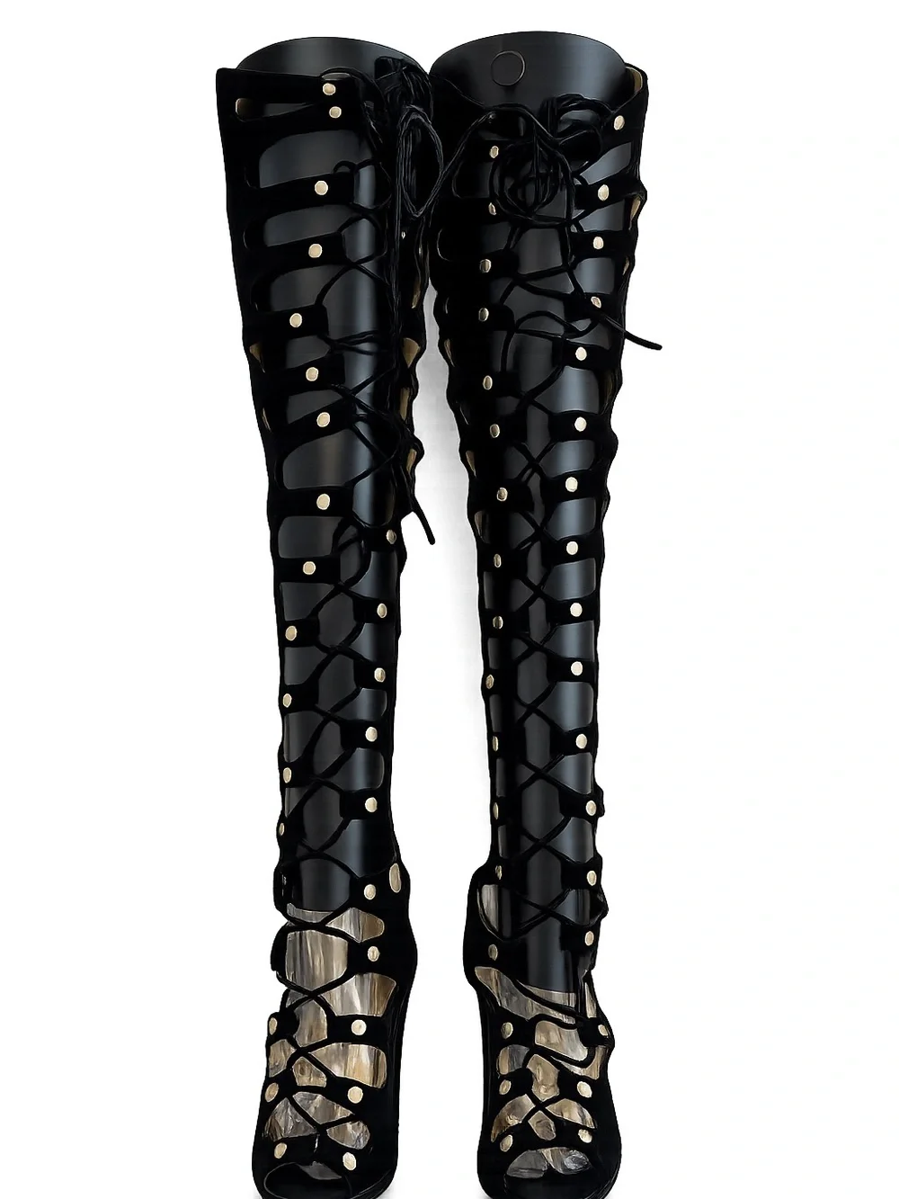 Suede Black Lace-Up Over-the-Knee Gladiator Heels